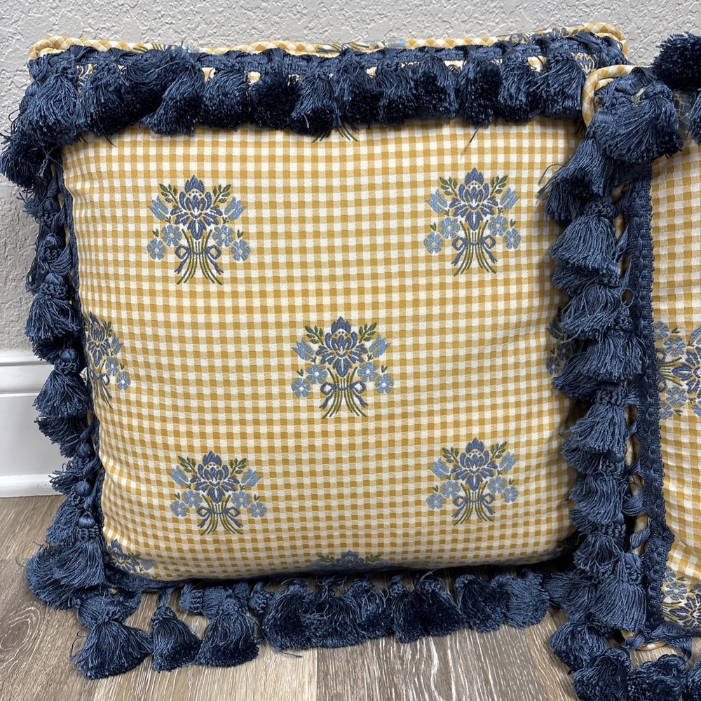 Vtg Pair Floral Blue & Yellow Gingham Throw Pillows Tassel Fringe Custom 17" Sq - Picture 2 of 7